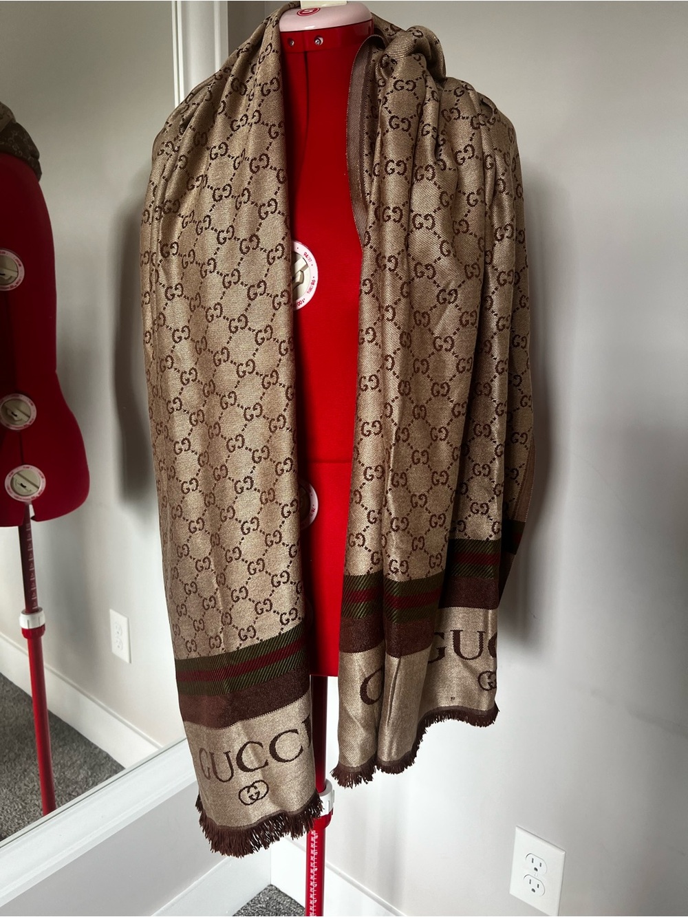 Gucci Beige Monogram Logo Shawl with Brown and Green Stripes